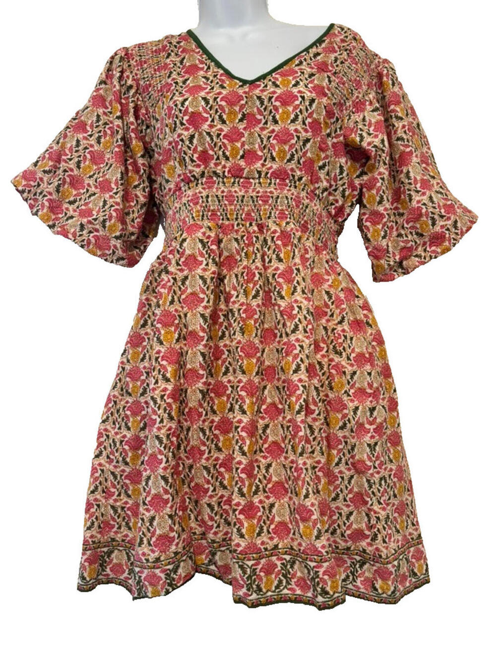 THML sz S all cotton pink floral boho mini dress puff balloon sleeves EE